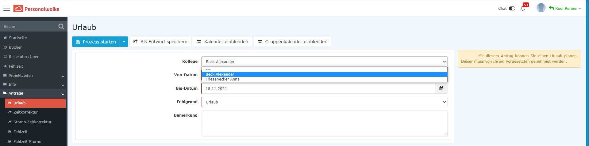 Kollegenrolle Dropdown Men&uuml;